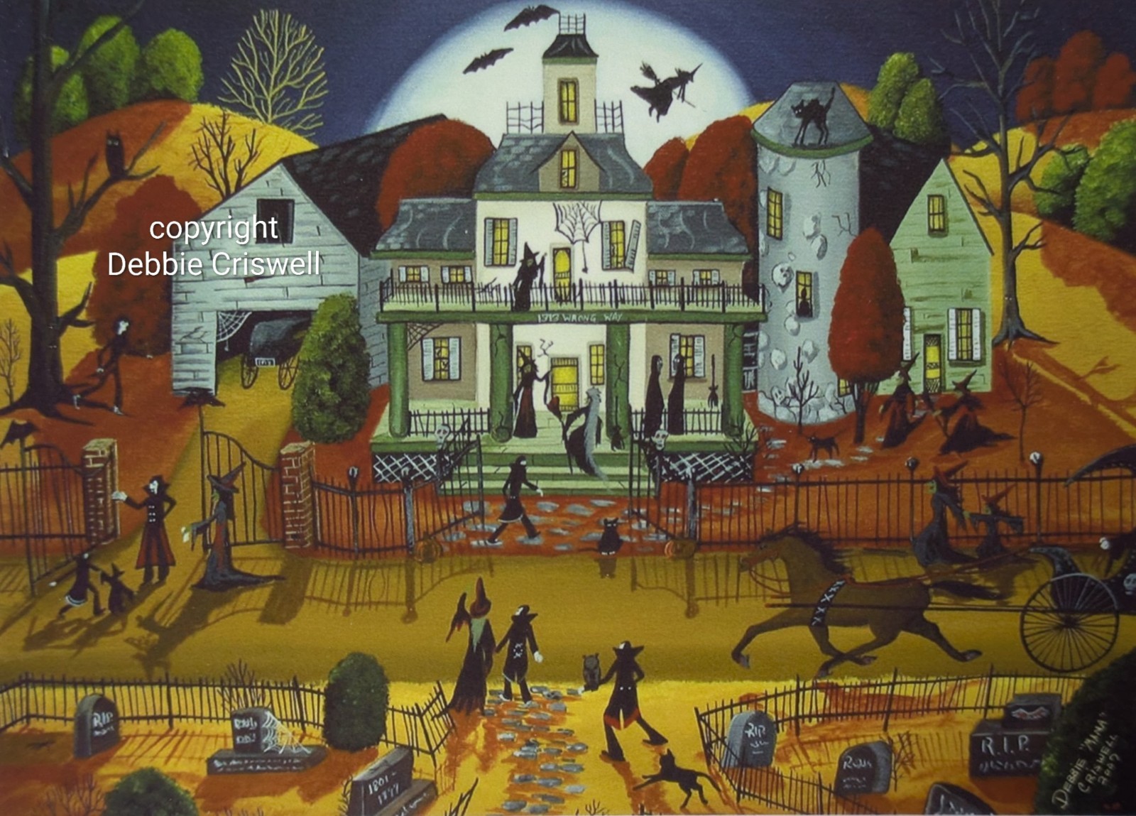 PRINT Of Painting Halloween Haunted House Witch Vampire Dollhouse Folk Art Cat