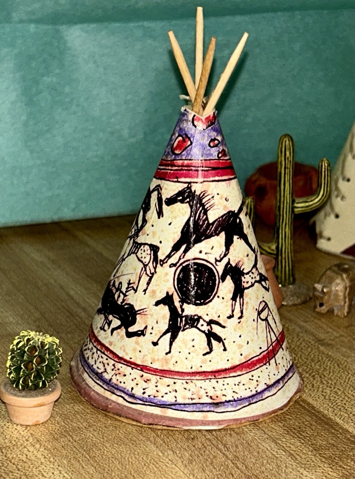 NATIVE TRIBAL Artisan David Elwood SIGNED LEATHER TEEPEE, 4.5” Tall -RARE FIND