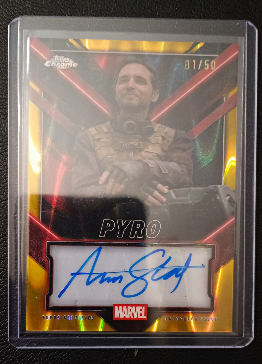 Topps 2025 Deadpool Chrome Deadpool & Wolverine Pyro Aaron Stanford Auto 01/50