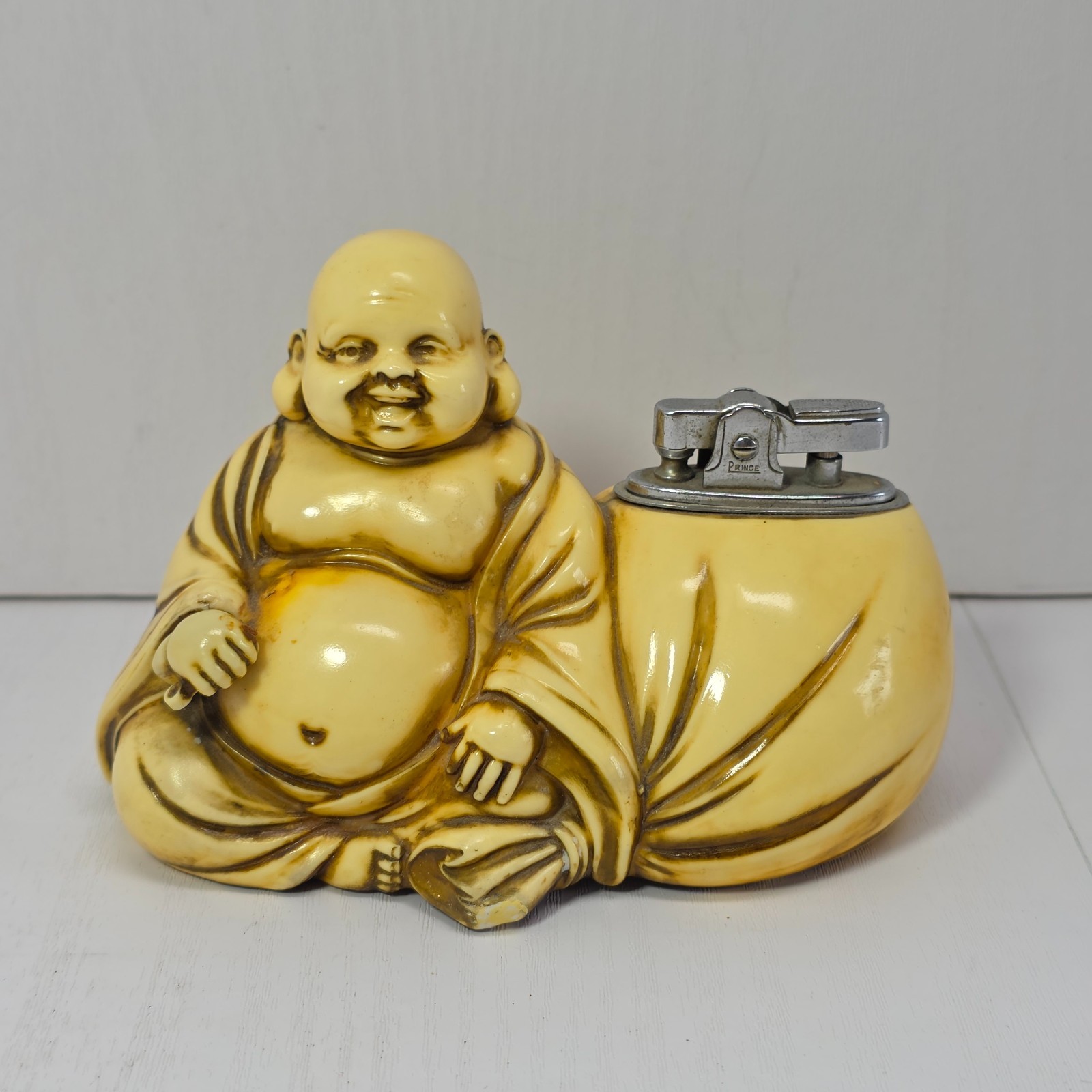 Vintage 1950s Prince BC Hotei God Table Lighter Celluloid Laughing Buddha Japan