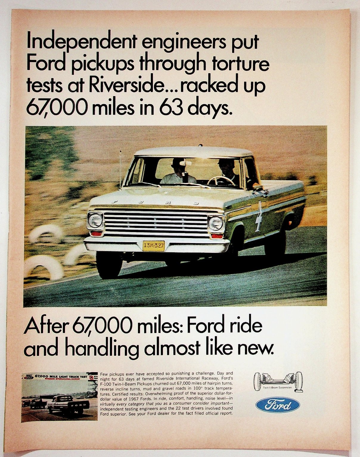 1967 Ford F-100 Pickup Truck Vintage Magazine Ad Riverside Test