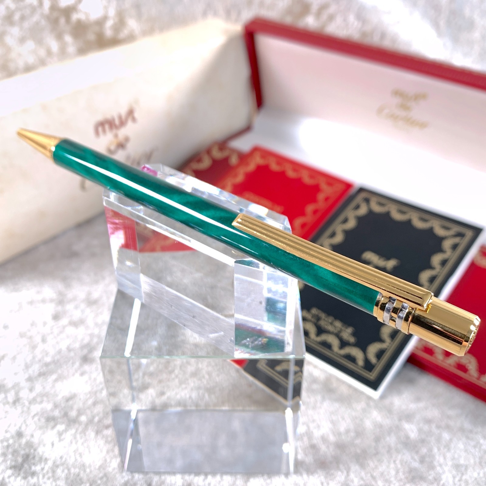 Vintage Cartier Ballpoint Pen Panthere Green Marble Lacquer Finish w/Case&Papers