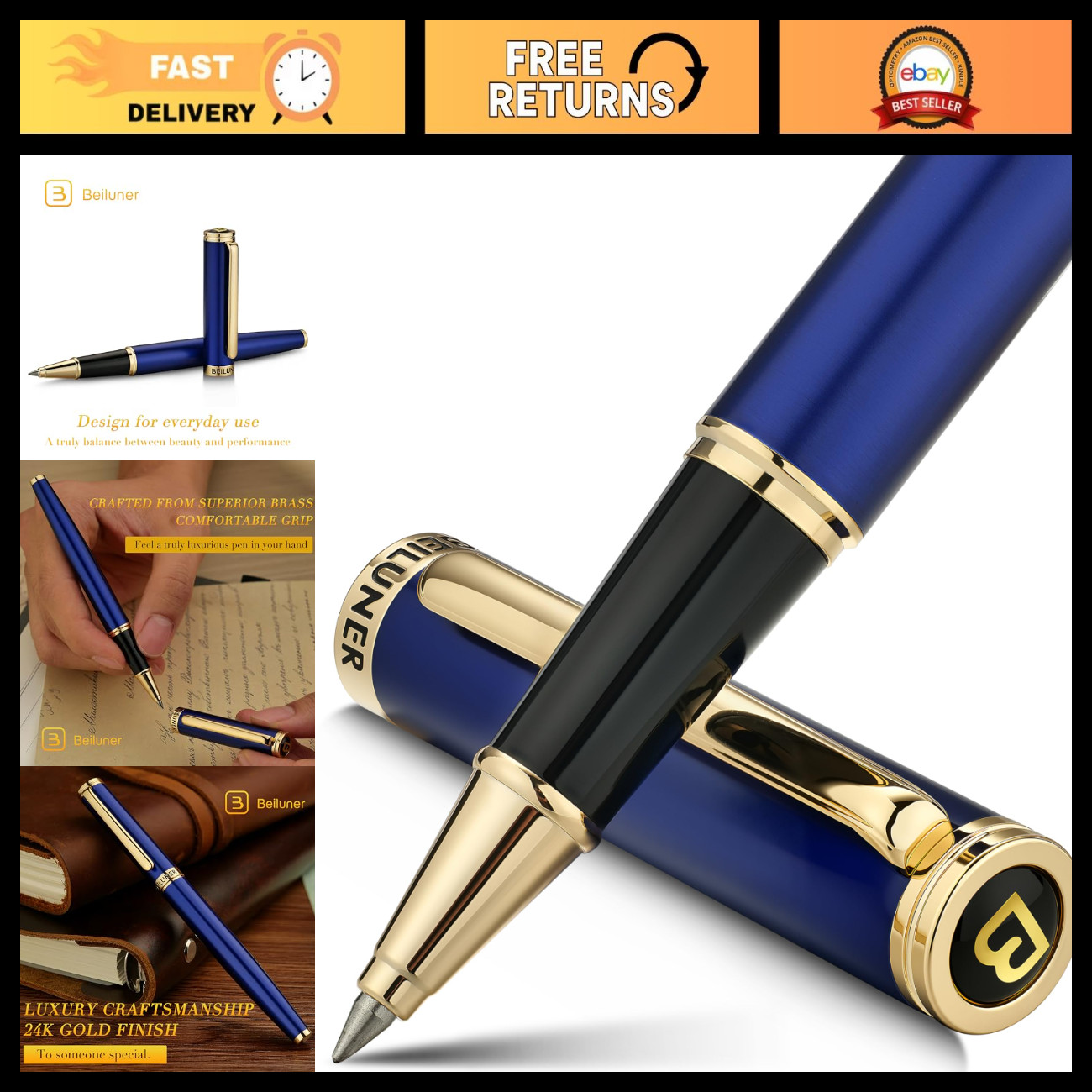 Luxury Rollerball Pen Set - 24K Gold Trim, Elegant Design, Schneider Ink Refill,