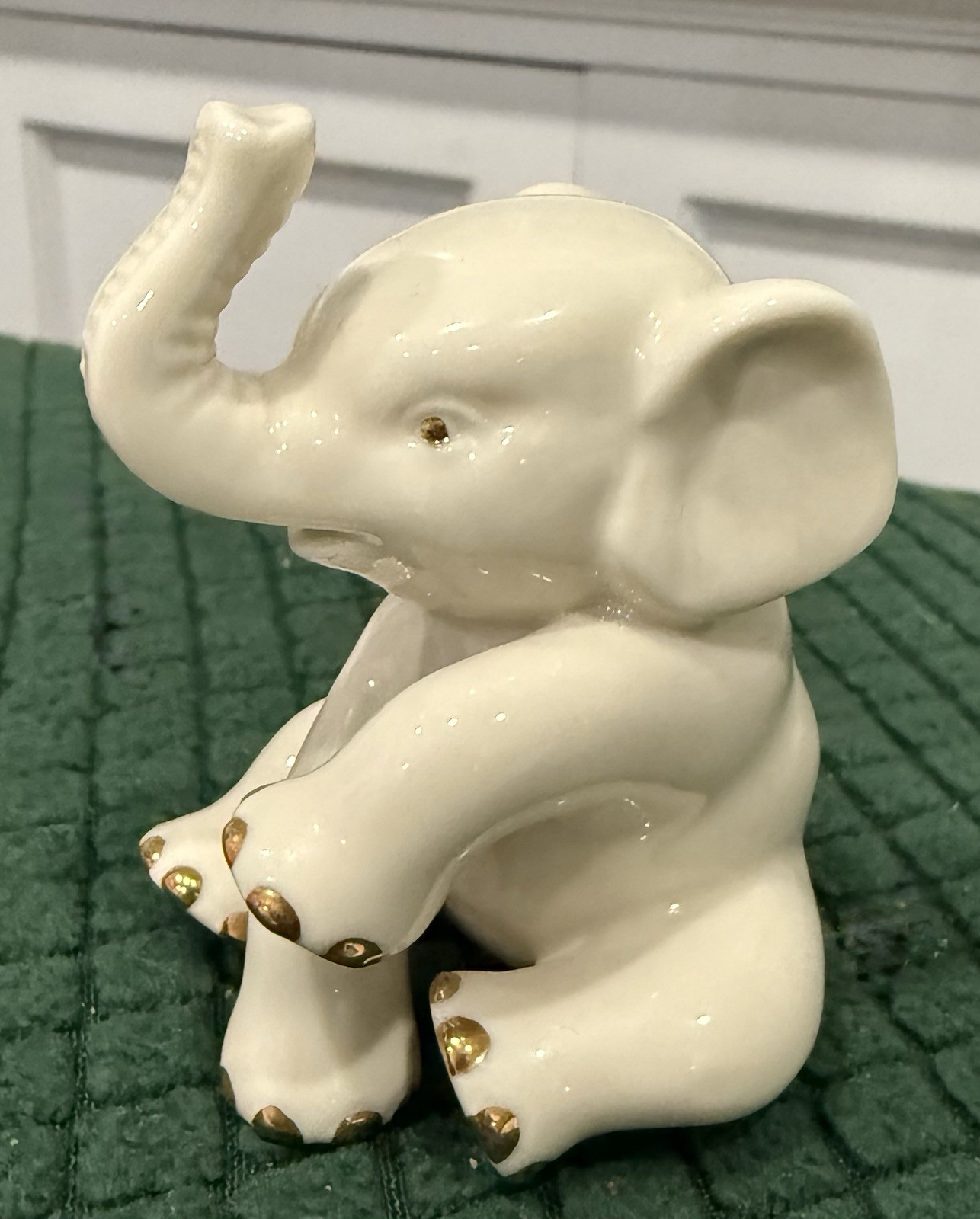 Vintage Lenox Porcelain Sitting Trunk Up White Baby Elephant w/Gold Highlight