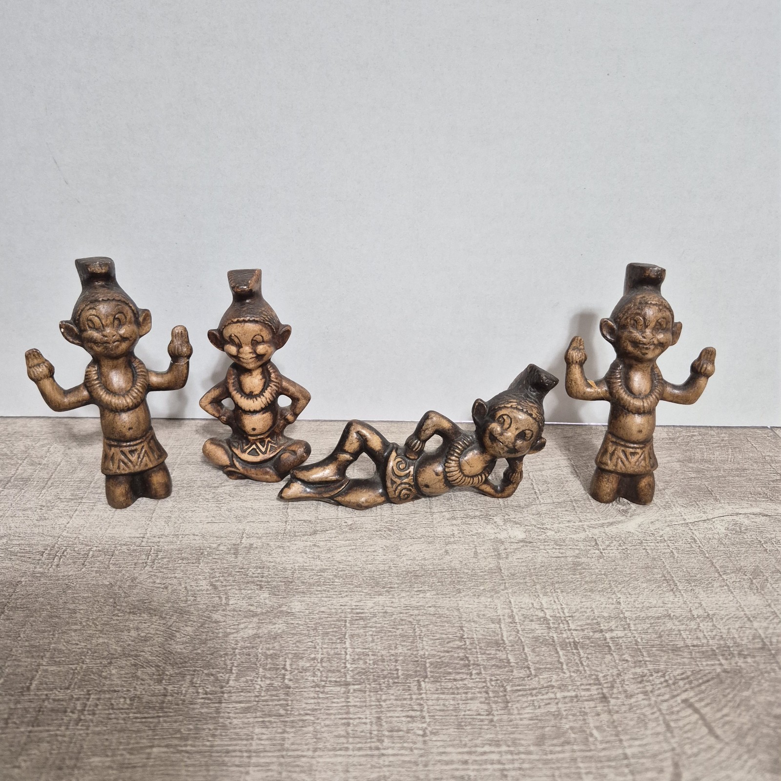 Vintage Treasure Craft Hawaii Menehune Figurines Pair MCM Tiki Pixie Lot of 4