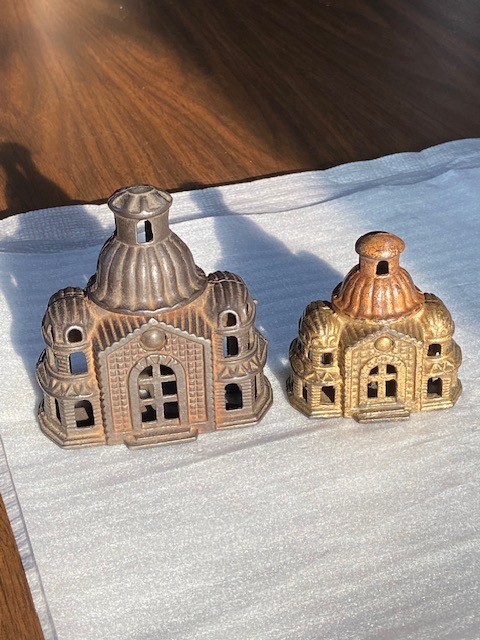 Two Antique Cast Iron Domed Mosque Penny Banks by Grey Iron Casting Co.