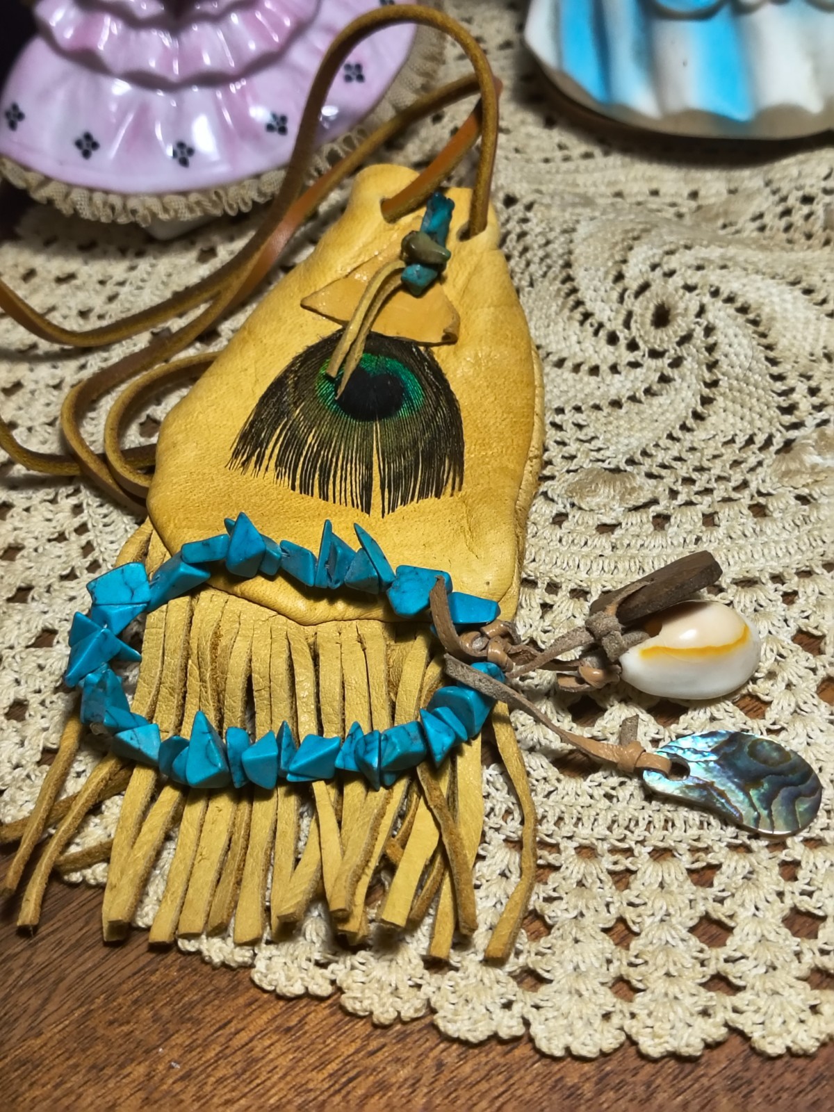 Vintage Native American Yellow Buckskin Leather Medicine Pouch Turqouise Boho
