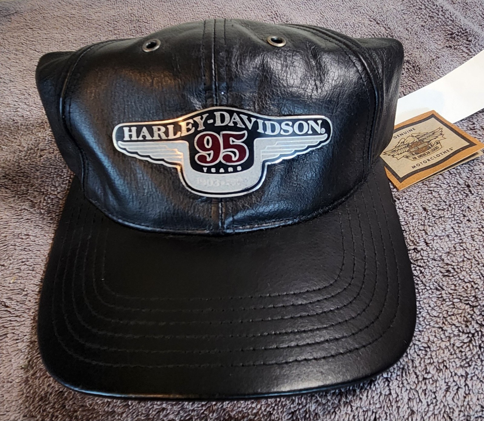New Old Stock 1998 Harley-Davidson 95th Anniversary Black Leather Hat W/ Tags