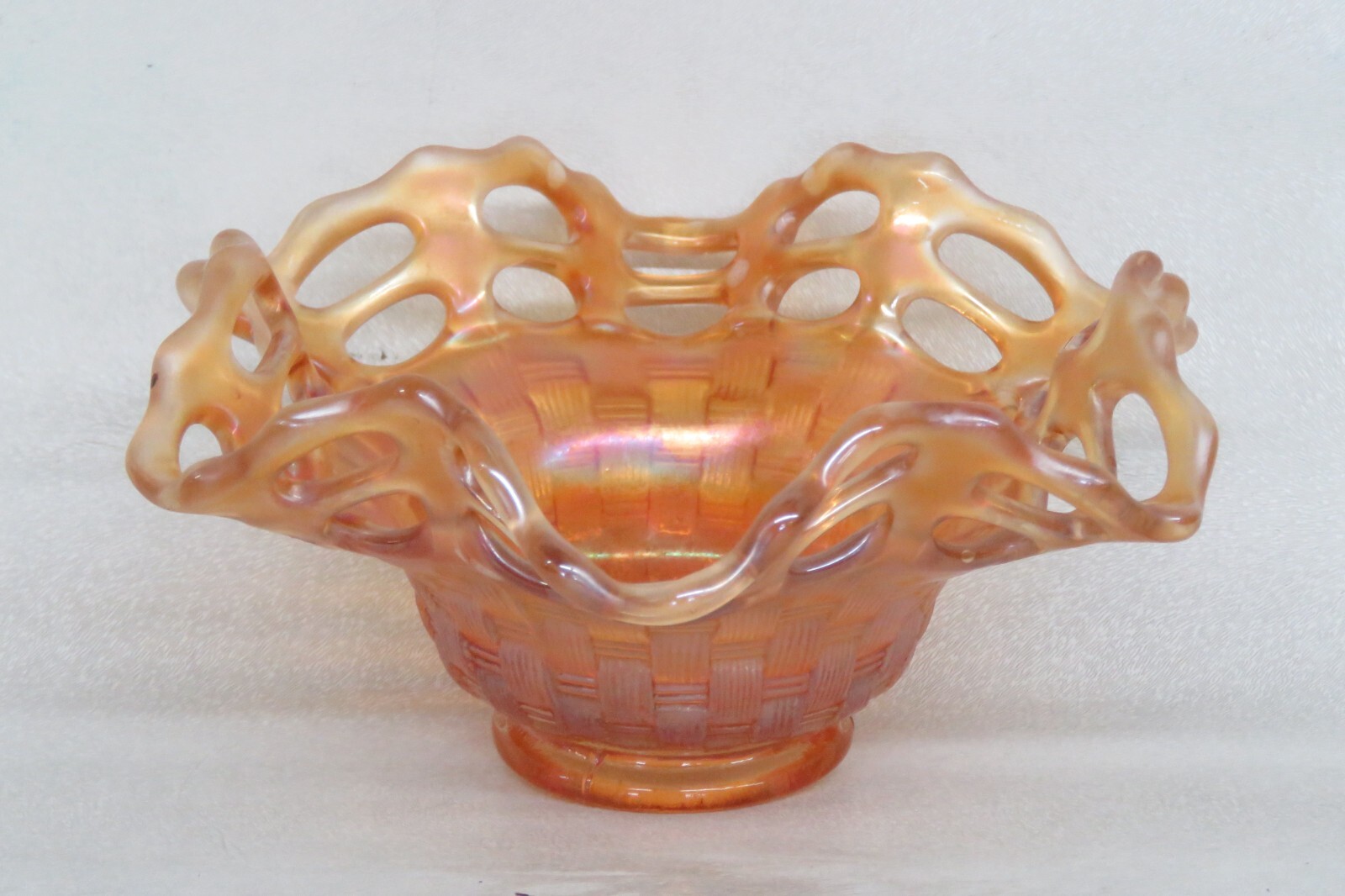 Fenton Marigold Carnival Glass Basket Weave Open Lace Edge Candy Dish Bowl 3338B
