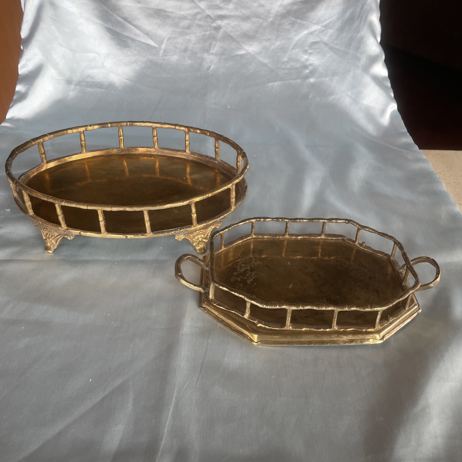 2 Vtg MCM Hollywood Regency Brass Octagon Oval Tray Faux Bamboo Handles 8\
