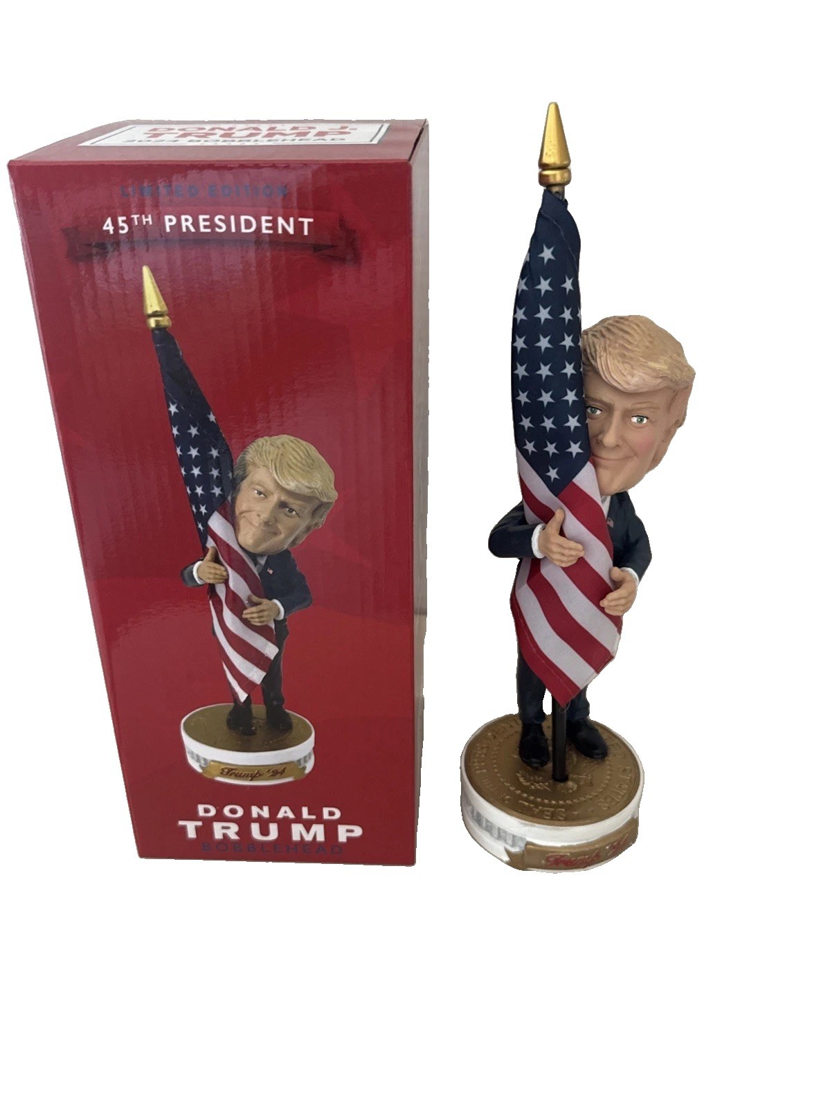 45th & 47th President Donald Trump 2024 Bobblehead Hugging American Flag