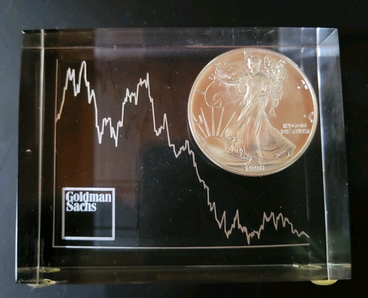 Vtg Goldman Sachs Lucite Tombstone Stock Paperweight 1990 Liberty Silver Dollar Vtg Goldman Sachs Lucite Tombstone Stock Paperweight 1990 Liberty Silver Dollar