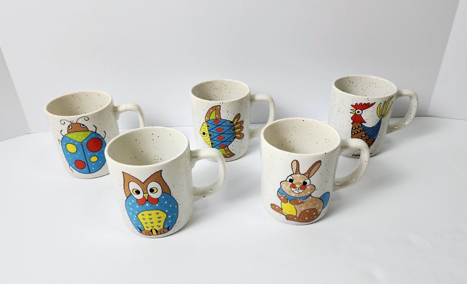 ​Vintage Otagiri Ceramic Mug Set - Patchwork Animal Folk Art Owl, Bunny, Rooster