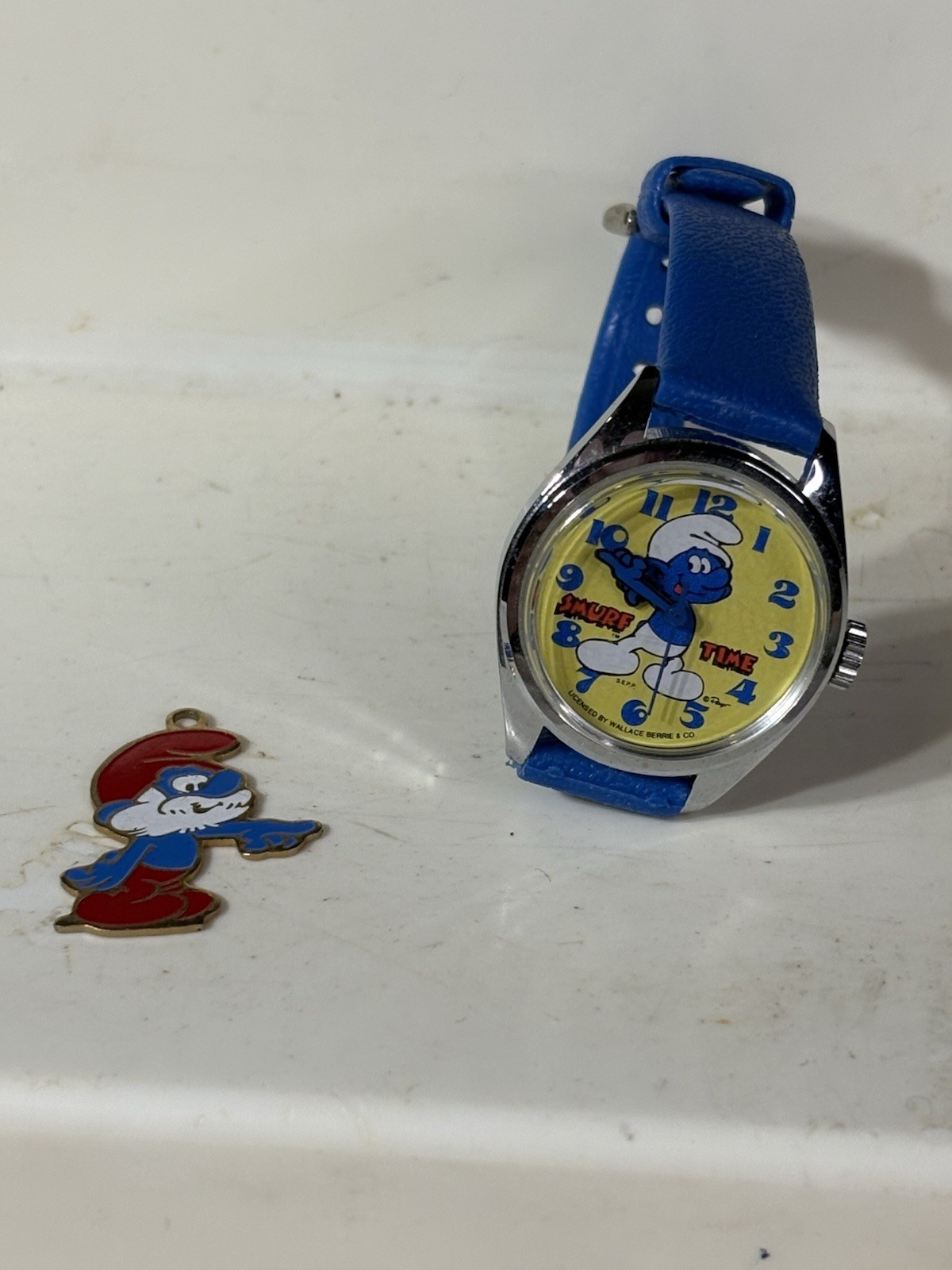 Vintage Bradley Smurf Character Watch With Blue Band + Grandpa Smurf Pendant