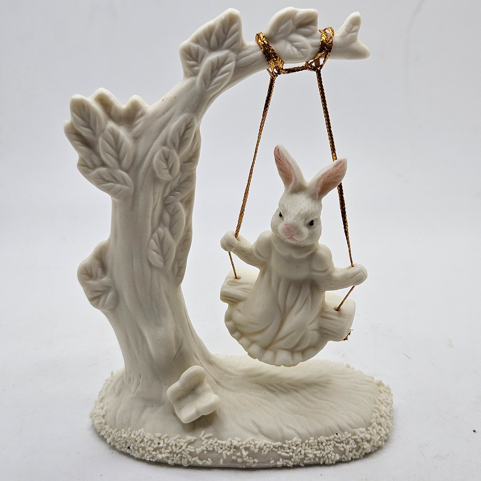 Vintage White Porcelain Bunny Rabbit on Swing Tree Figurine Easter Decor