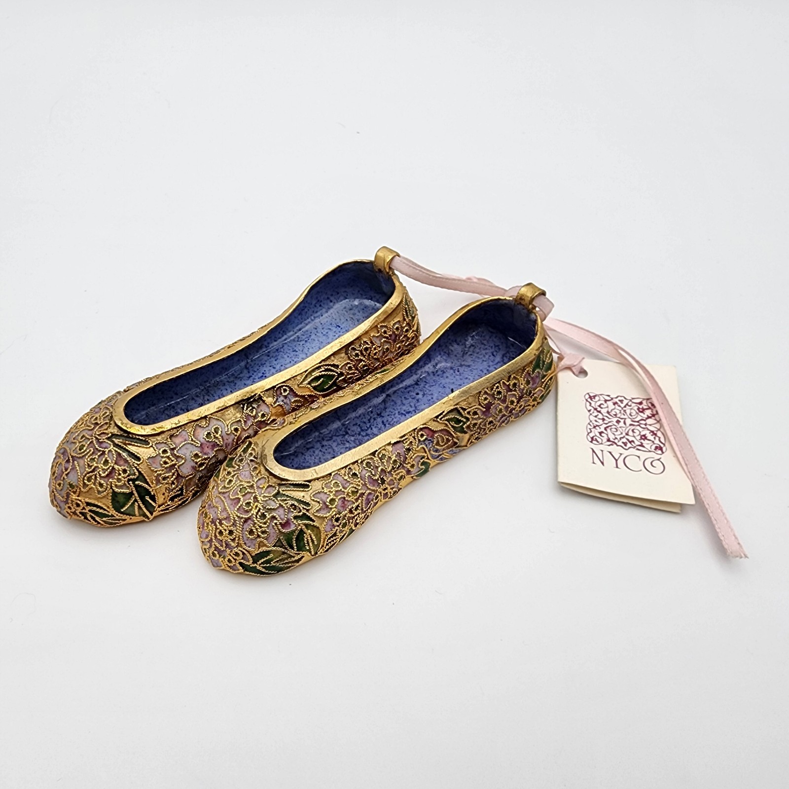Vintage NYCO Enamel Cloisonne Pair of Ballet Shoes Floral Gold Blue Ornament Vintage NYCO Enamel Cloisonne Pair of Ballet Shoes Floral Gold Blue Ornament