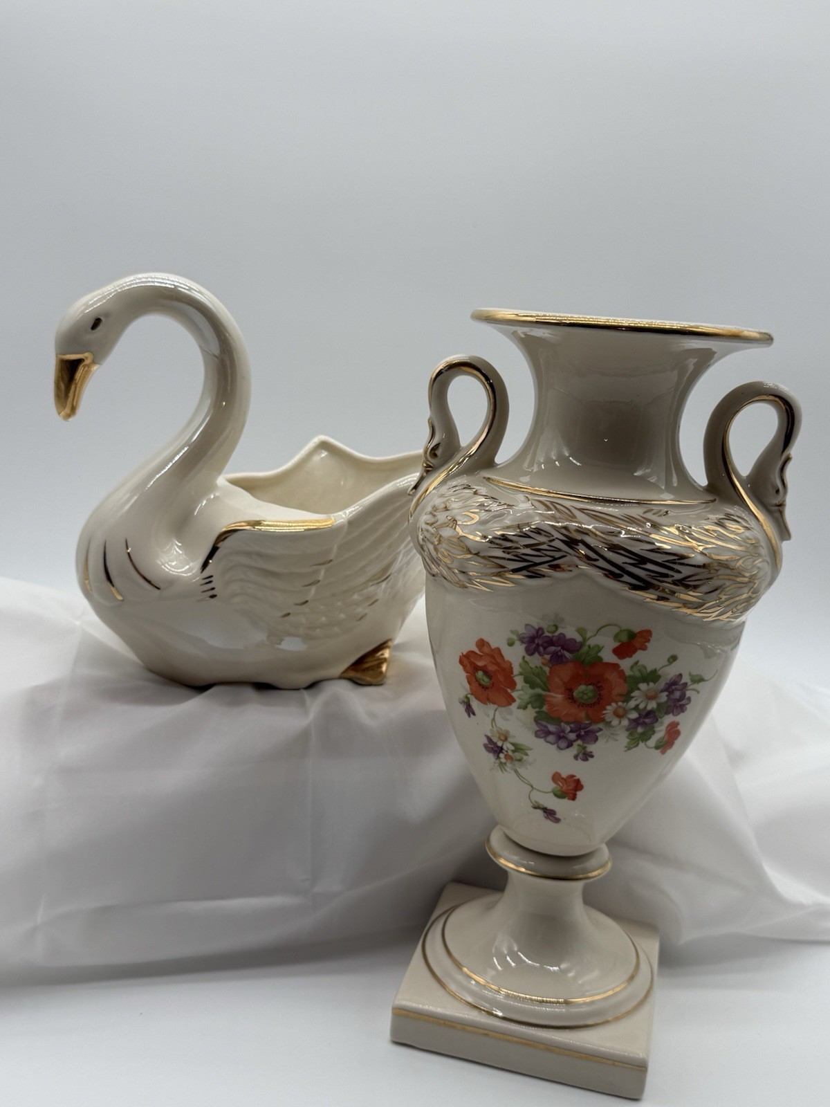 vintage ceramic swan planter and matching floral urn vase set Trimmed With Gold