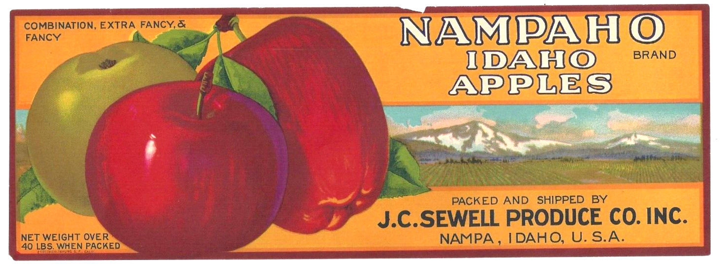 Original NAMPAHO apple crate label J. C. Sewell Produce Co Inc Nampa Idaho stock