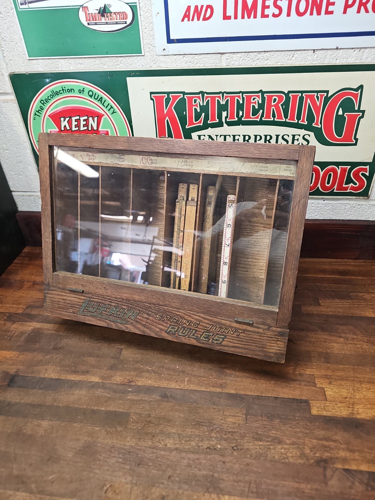 Antique Lufkin Spring Joint Rules Oak Hardware Store Countertop Display Sign