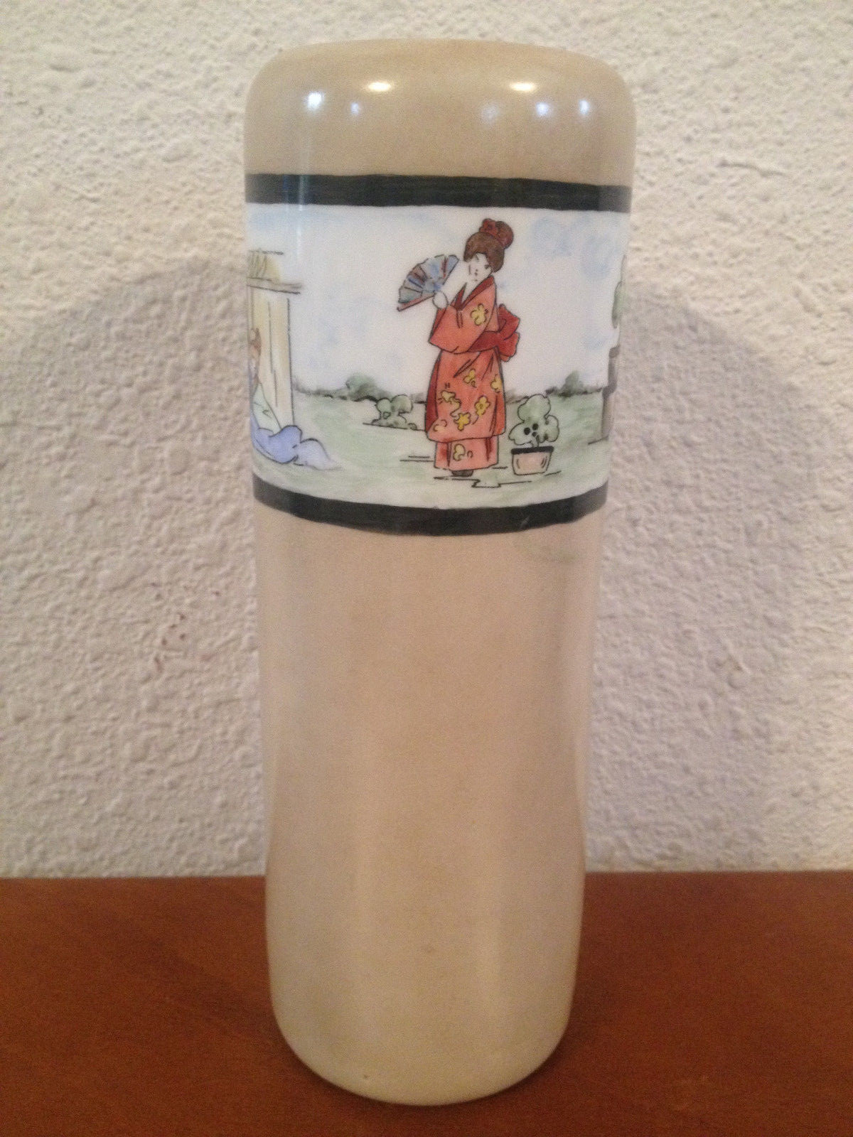 Antique PH Leonard Vienna Austrian Porcelain Cylinder Vase w/ Asian Style Dec.