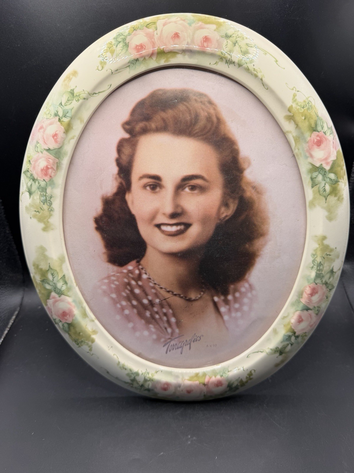 Vintage Terragrafics Ceramic Oval Picture Frame Pink Roses Floral 8x10 Cottage 
