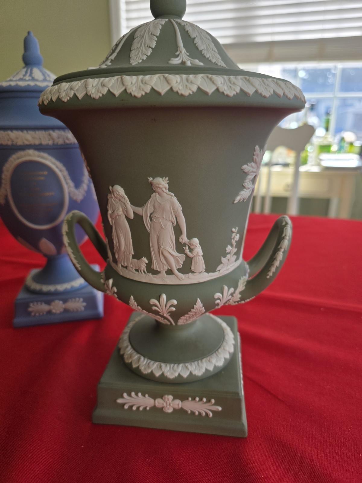Wedgwood GREEN SAGE Jasperware Urn Vase England W/Relief Handles Pedestal MINT