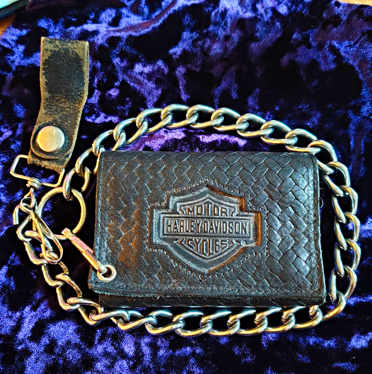Harley-Davidson Leather Chain Wallet Black Braided/Weave, Embossed Logo