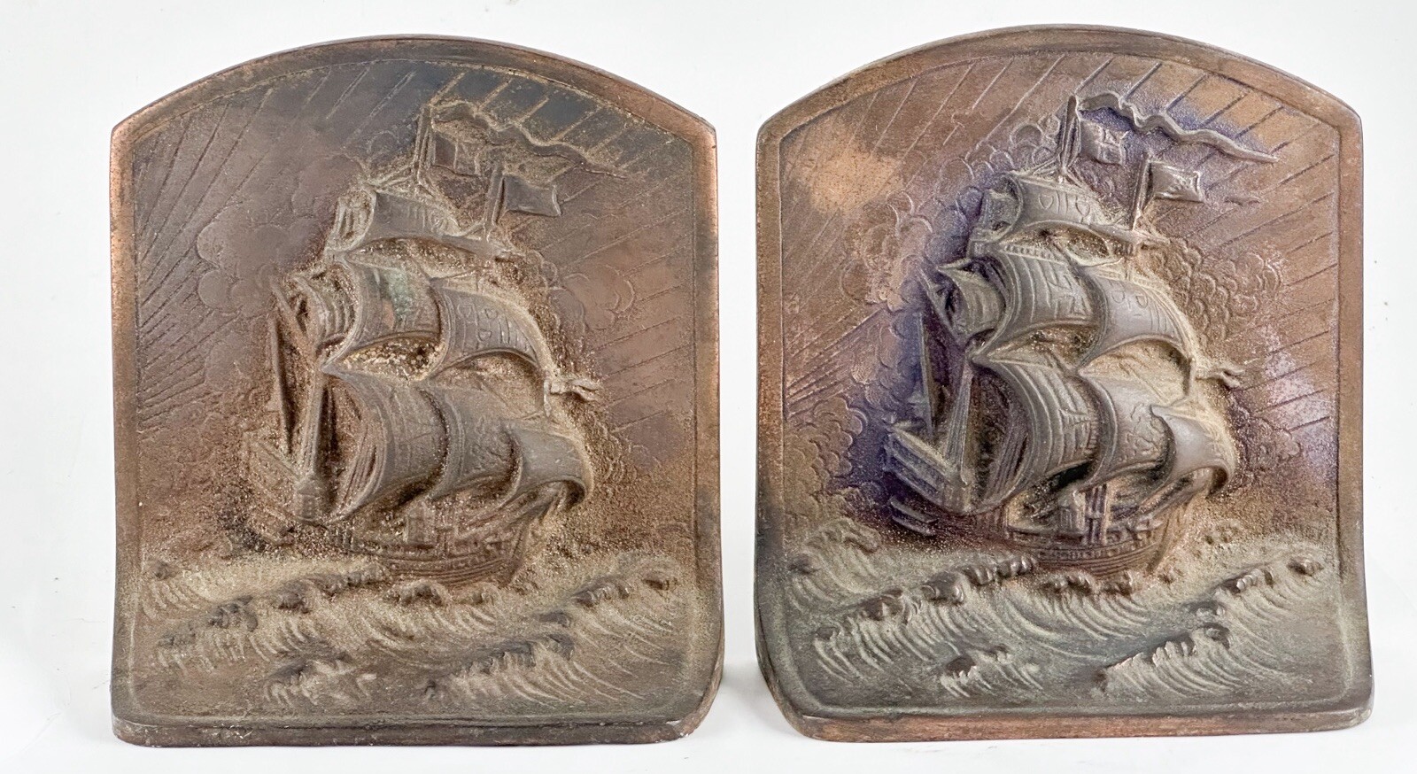 Antique Bron Met Bronze Coated Cast Iron Clipper Ship Bookends Heavy Detailed