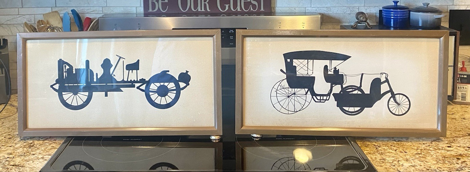 Two Antique Copper Framed Motor Carriage Silhouette Original Artwork