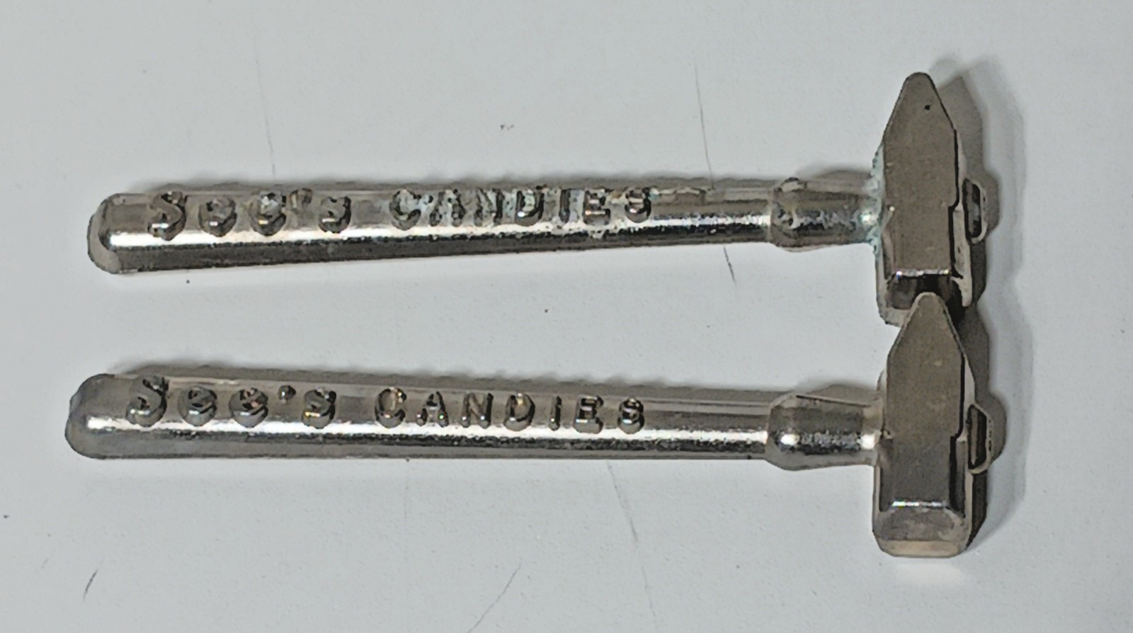 Vintage See\'s Candies Metal Rock Candy Toffee Breaking Hammers - Set of 2 Silver