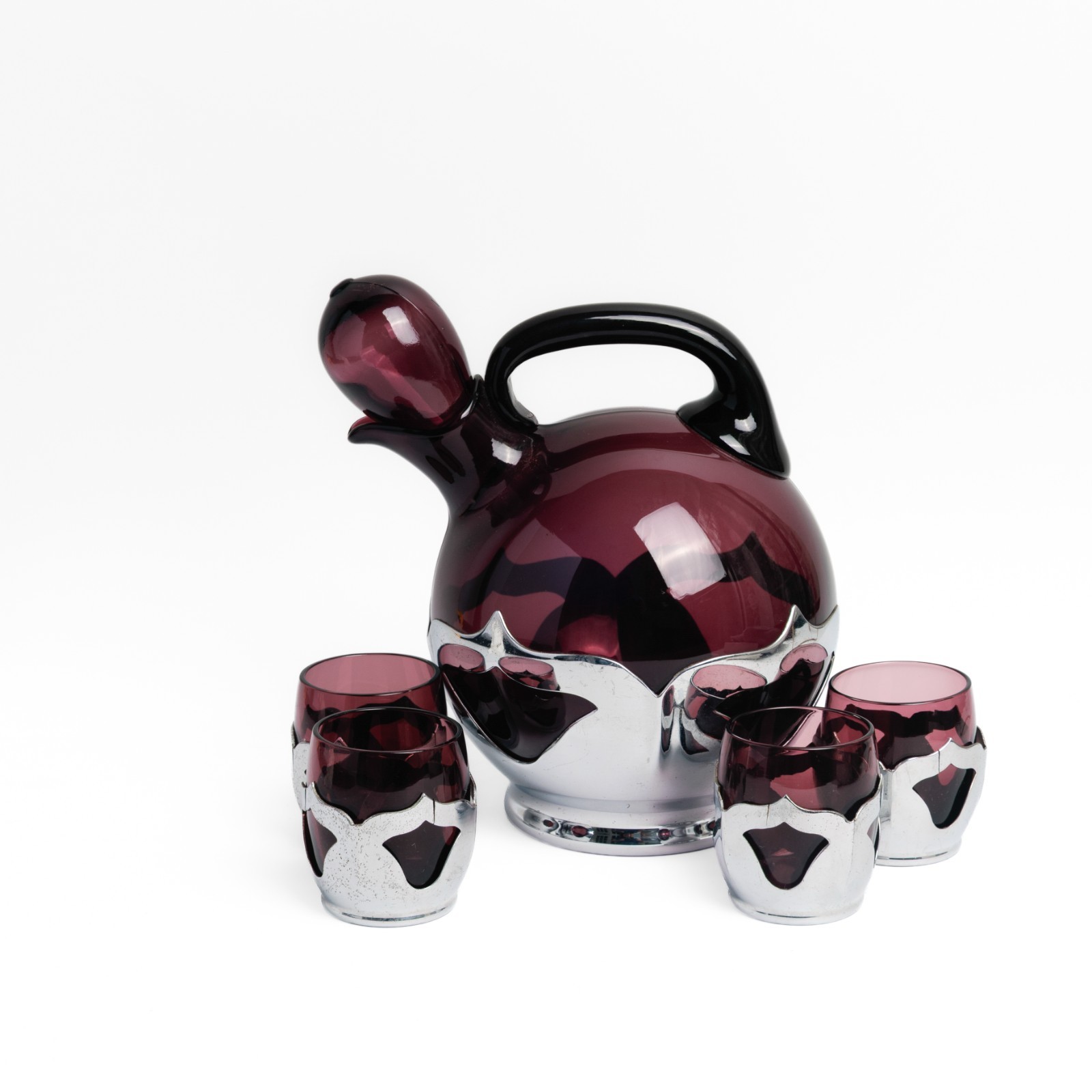 Art Deco Farber Bros Krome Kraft Amethyst Glass Decanter Set Four Glasses