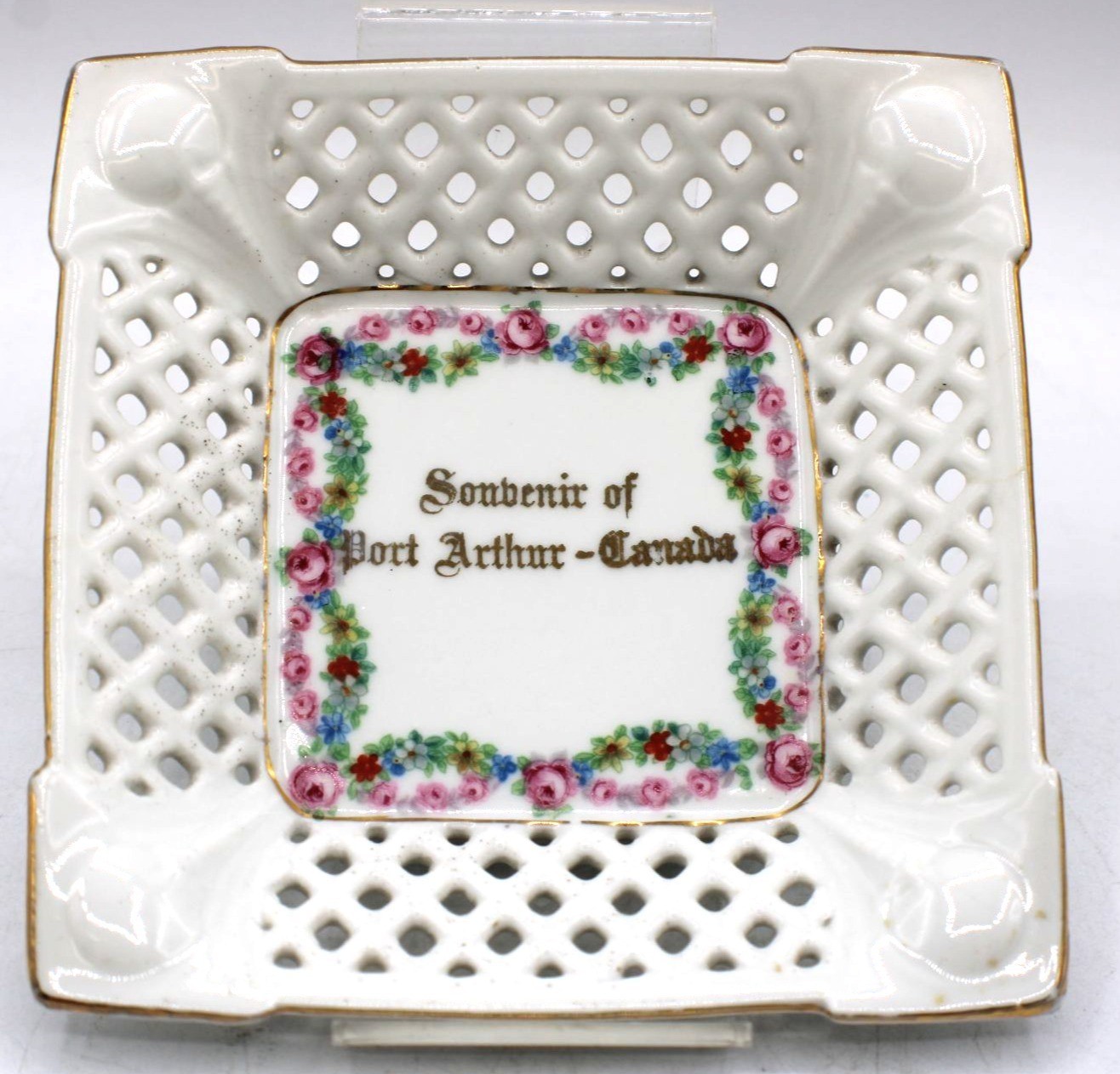 Reticulated Porcelain Souvenir Trinket Dish Commemorating Port Arthur Canada Vtg