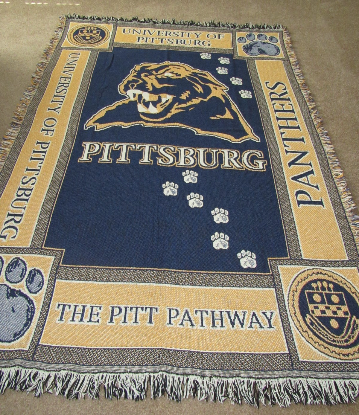 Vintage University of Pittsburgh Panthers Woven Tapestry Blanket w Fringe 50 Vintage University of Pittsburgh Panthers Woven Tapestry Blanket w Fringe 50