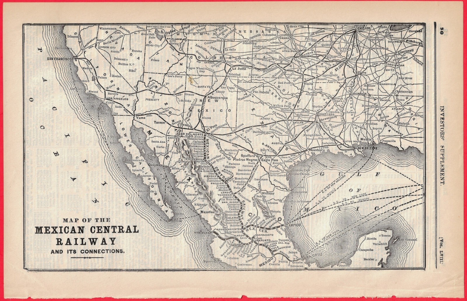 1894 MAP OF THE MEXICAN CENTRAL RAILWAY AND ITS CONNECTIONS