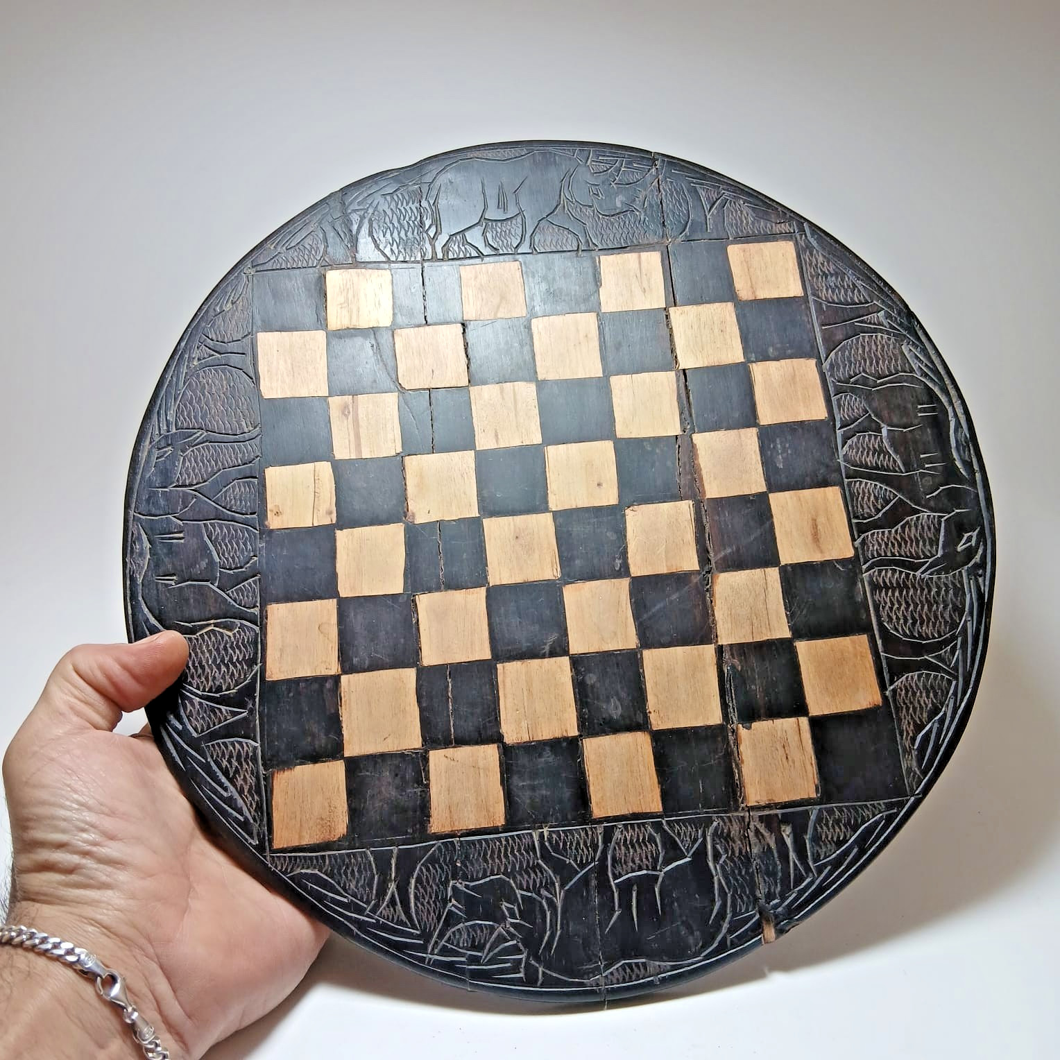Antique Primitive African Folk Art Chess Board Hand Carved Ebony Style 12\