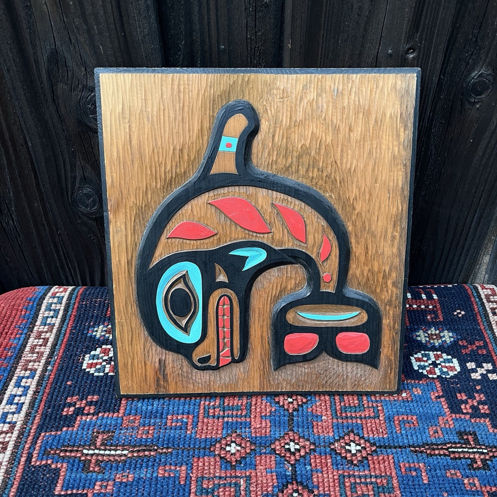Vintage Northwest Coast Orca Killer Whale Wood Carved Plaque Native Style Art
