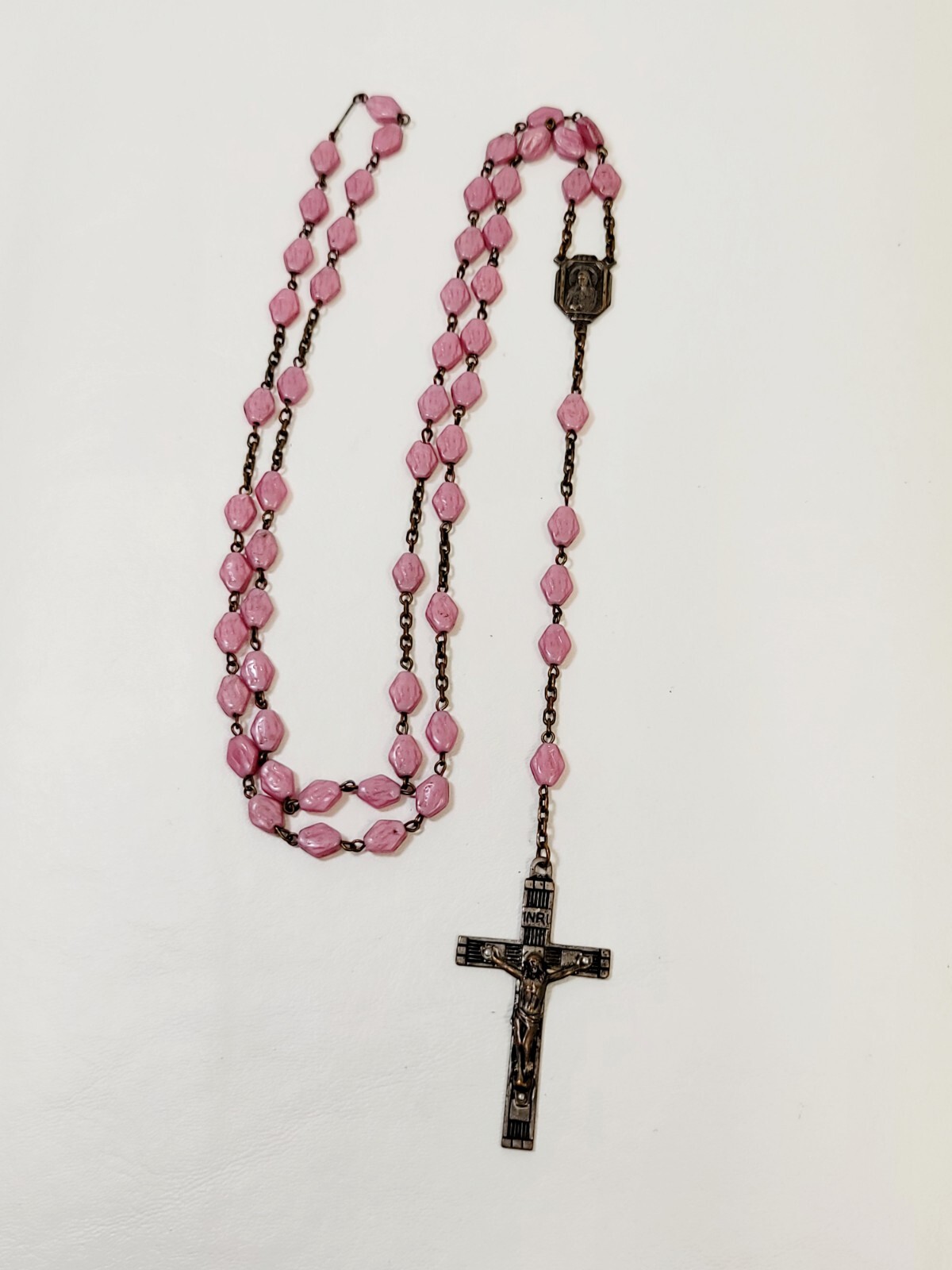 Vintage Pink Satin Jesus Face Glass Czech Beads Catholic Rosary 