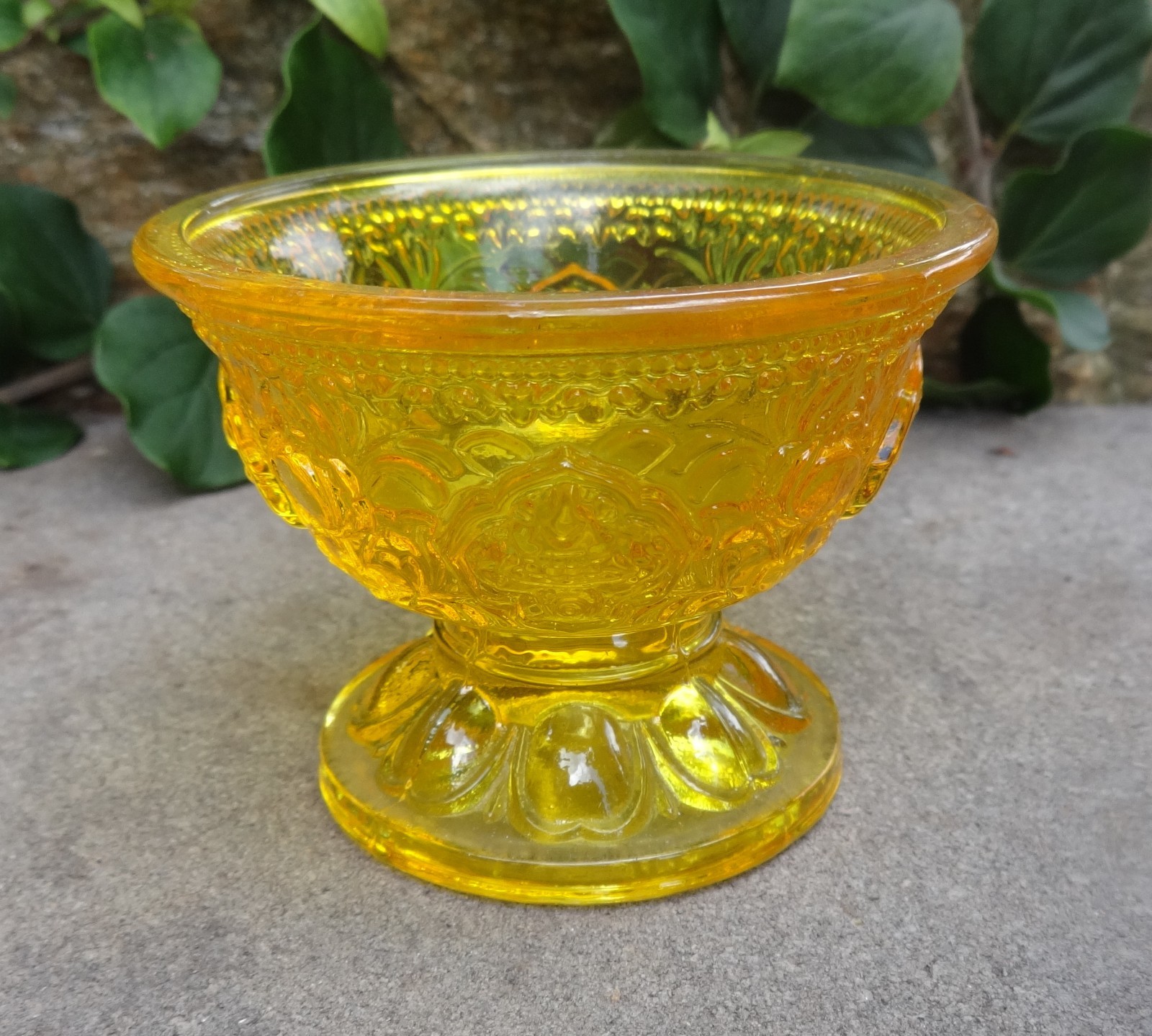 Glossy, Golden Yellow Glass Pedestal Open Salt Dip, Cellar, Dish Glossy, Golden Yellow Glass Pedestal Open Salt Dip, Cellar, Dish