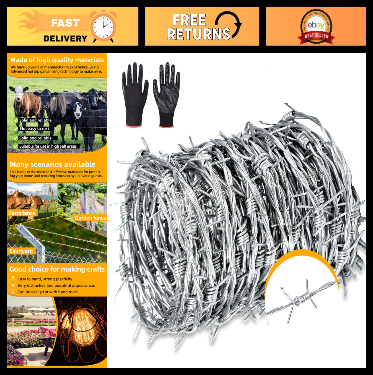 328ft Barbed Wire Roll - 4 Point 16 Gauge Hot-Dip Galvanized for Fencing & Craft
