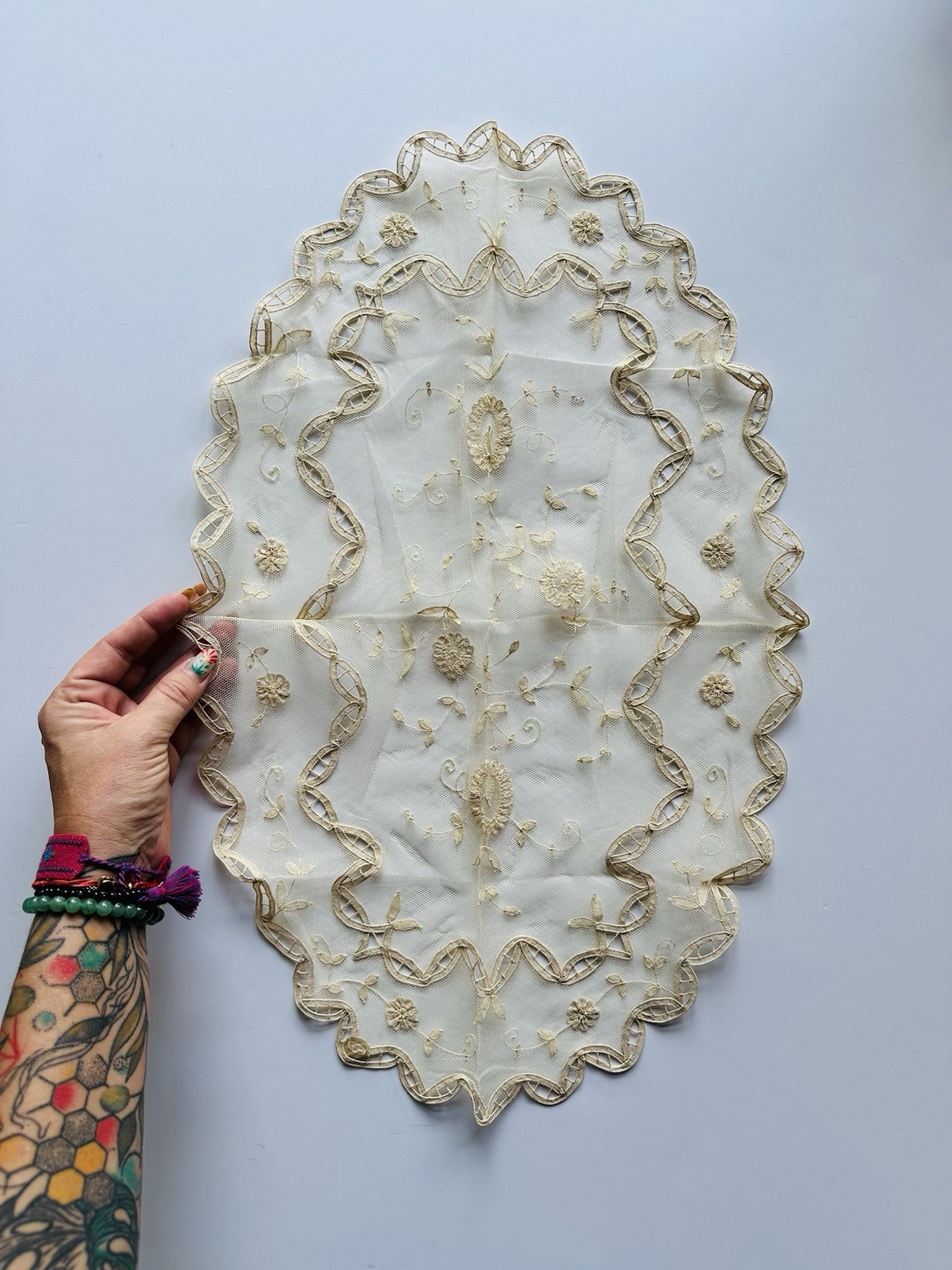 Vintage Handmade Oval Lace Doily Cream Embroidered Mesh Table Topper 23x15 Boho