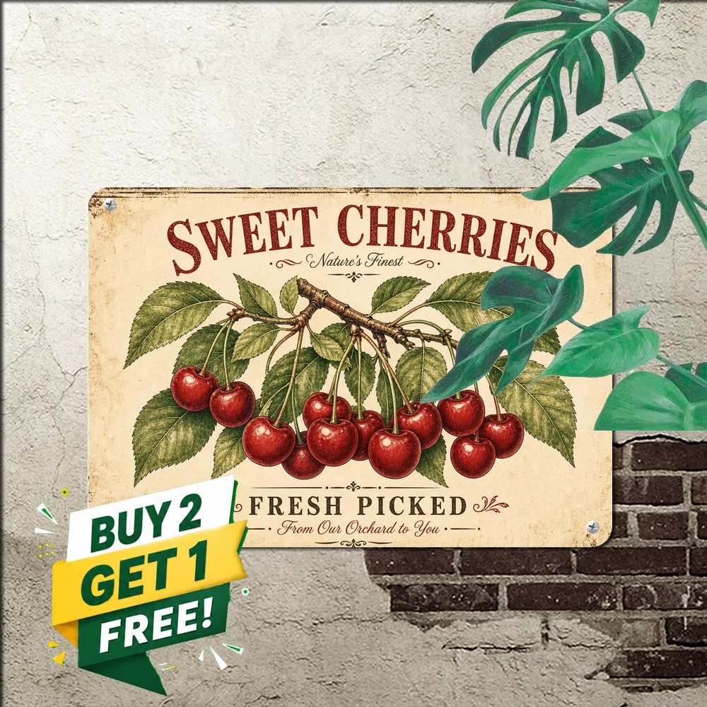 Vibrant Red Cherries Fruit Tin Sign Retro Kitchen Cafe Metal Wall Decor