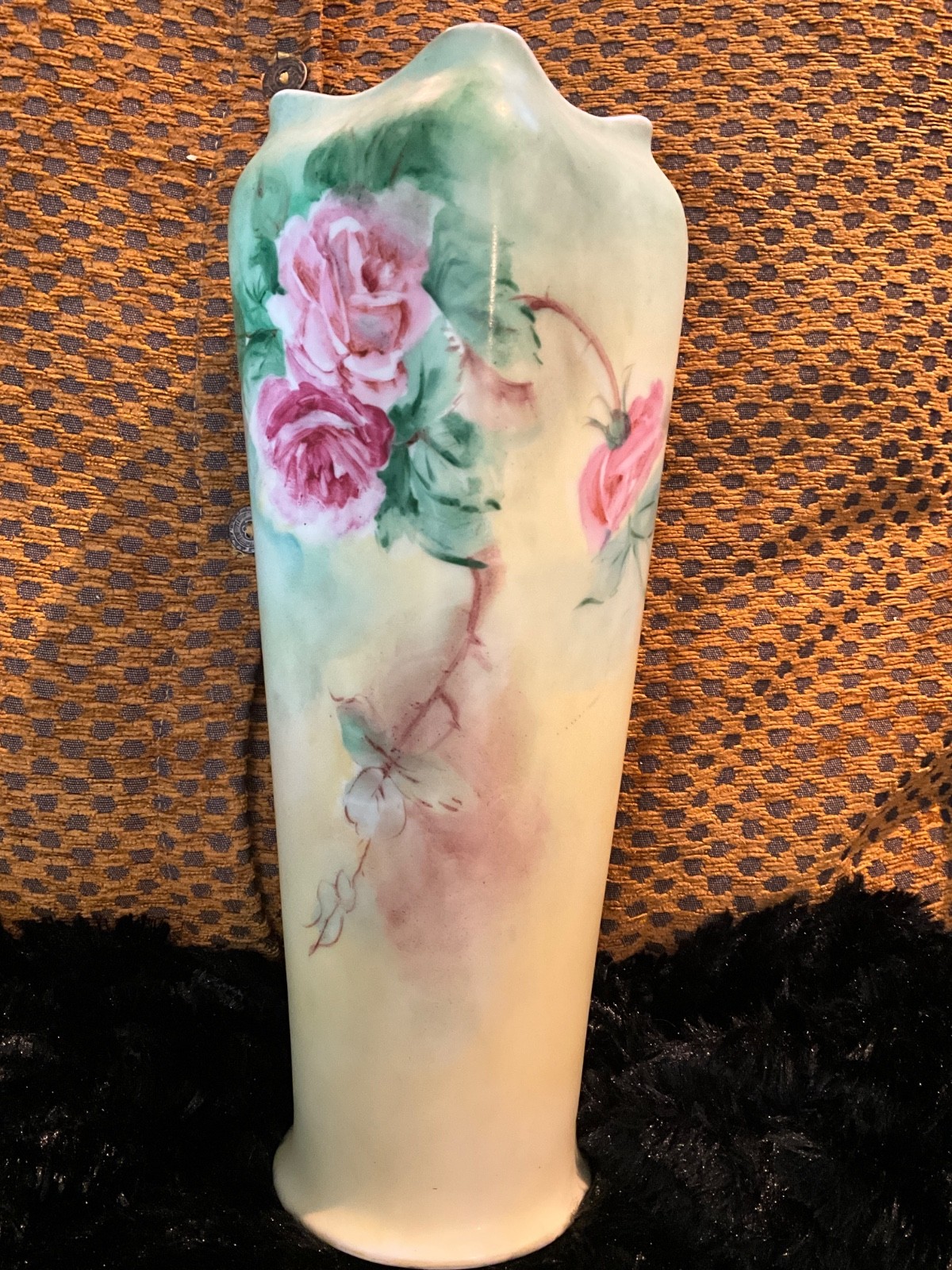Antique MZ Austria Porcelain Vase Hand Painted Pink Cabbage Roses 12\