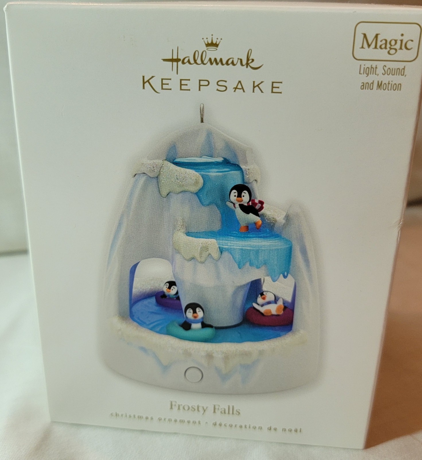 2010 Hallmark  Ornament Frosty Falls Magic Light Sound Motion Penguins New MIB