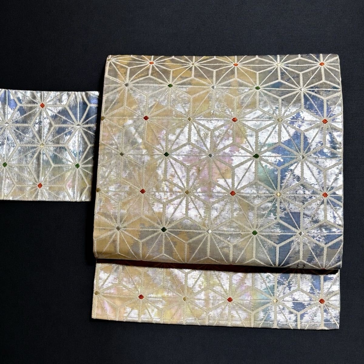 Obi Kimono Nagoya Pure Silk Nishijin Ori Hikihaku Cream Hemp Leaf so593