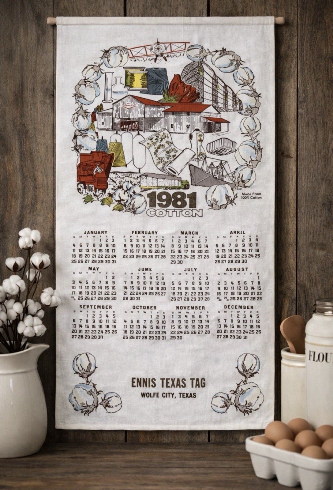 Vtg 1981 Kitchen Towel Calendar Circle of Cotton Production Farm Country 16x28 Vtg 1981 Kitchen Towel Calendar Circle of Cotton Production Farm Country 16x28