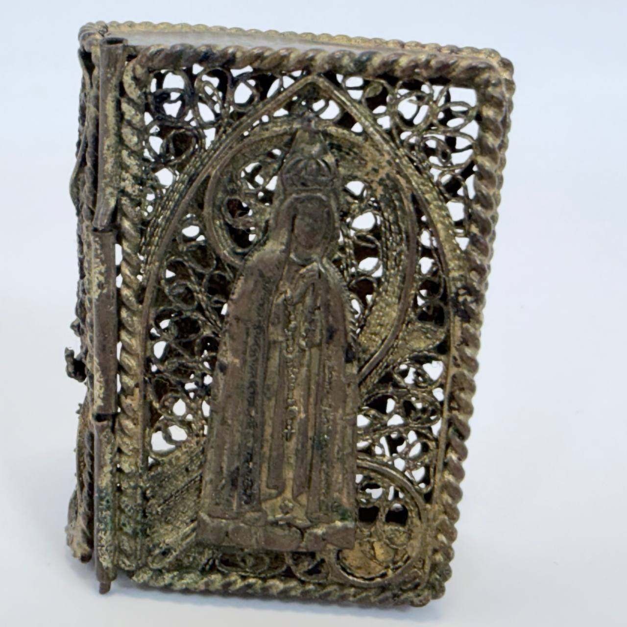 Vintage Portugal Filigree Our Lady of Fatima Miniature Book Box Silver Tone