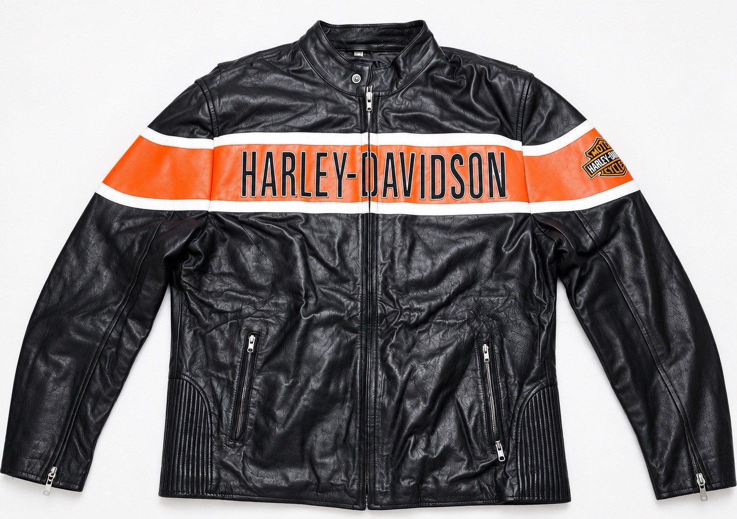 Real Leather Harley-Davidson Men\'s Motorcycle Leather Jacket Black Orange 2XL