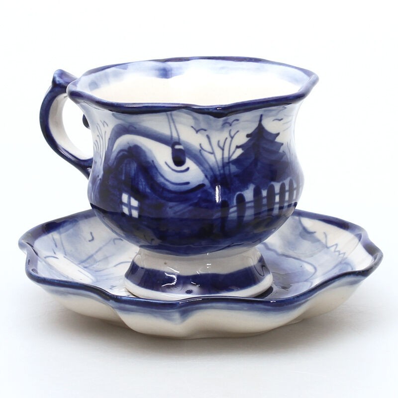 Gzhel Winter Frost Teacup w/Saucer Hand Crafted Blue Porcelain Cup 5 oz Гжель