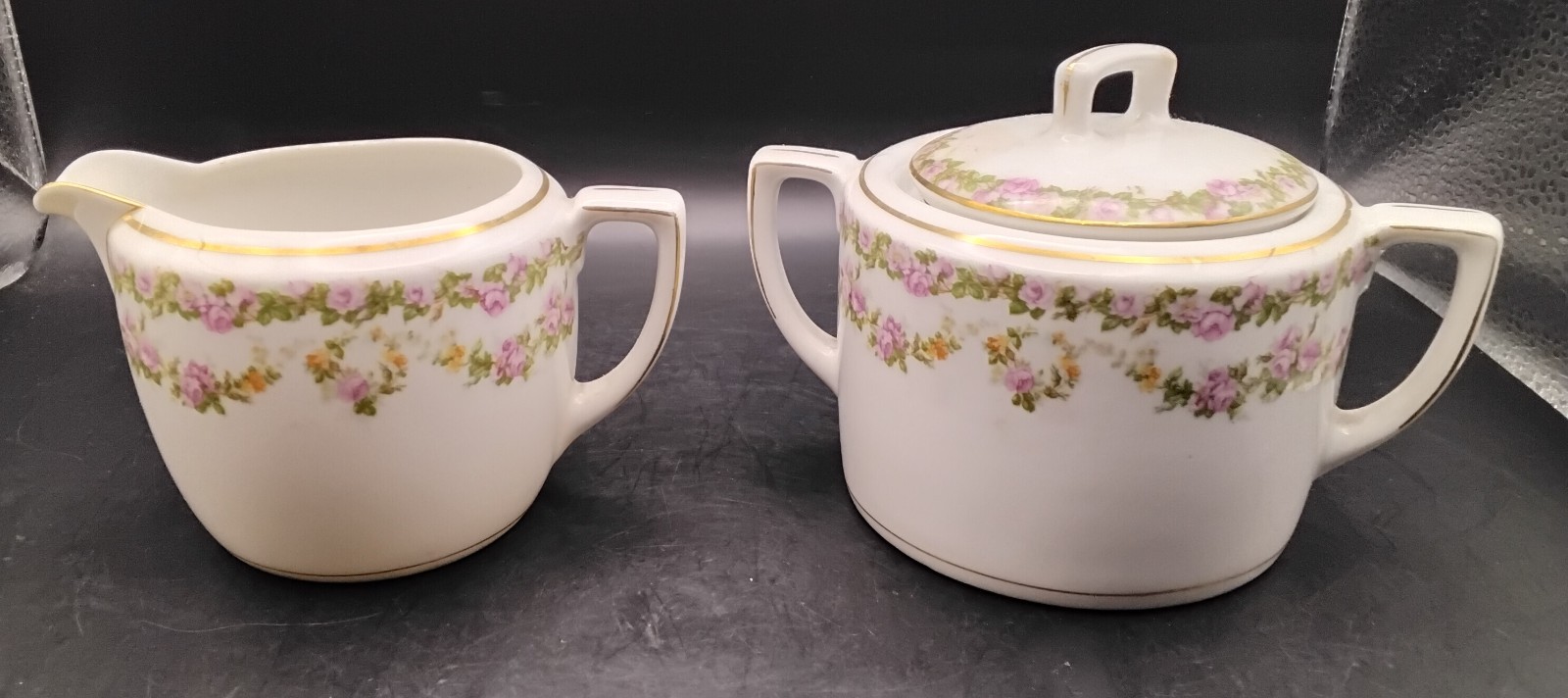(Box1) Antique MZ Austria Creamer & Sugar Bowl Floral Swag