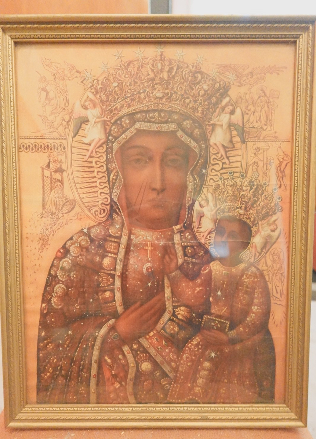 Antique Black Madonna  Sacred Heart of Jesus Pair Prints Antique Frames Catholic